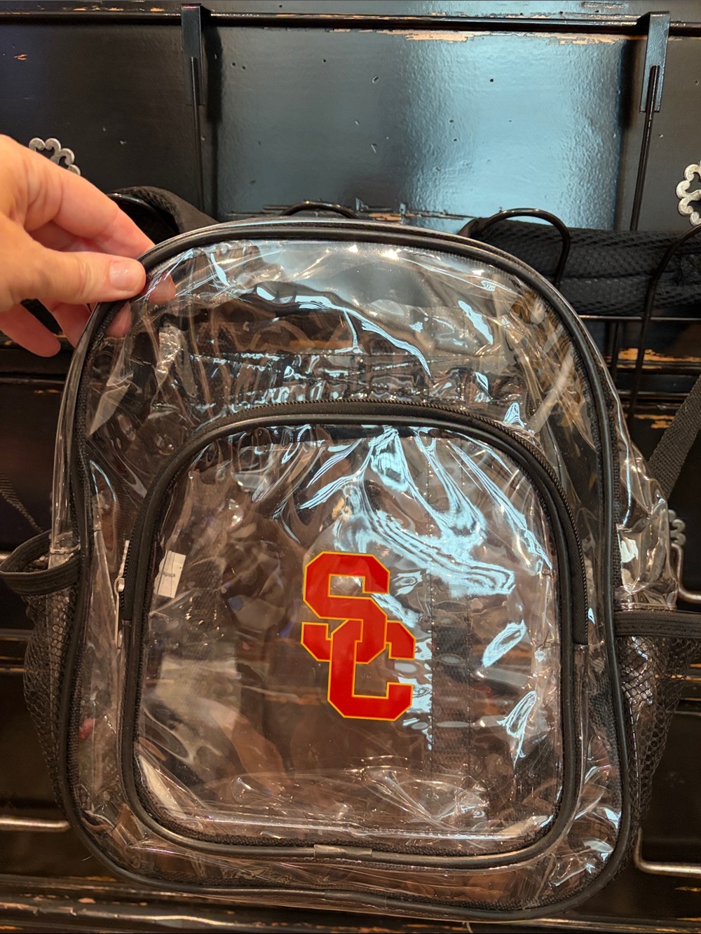 USC Clear Black Transparent Backpack with Cardinal SC Logo